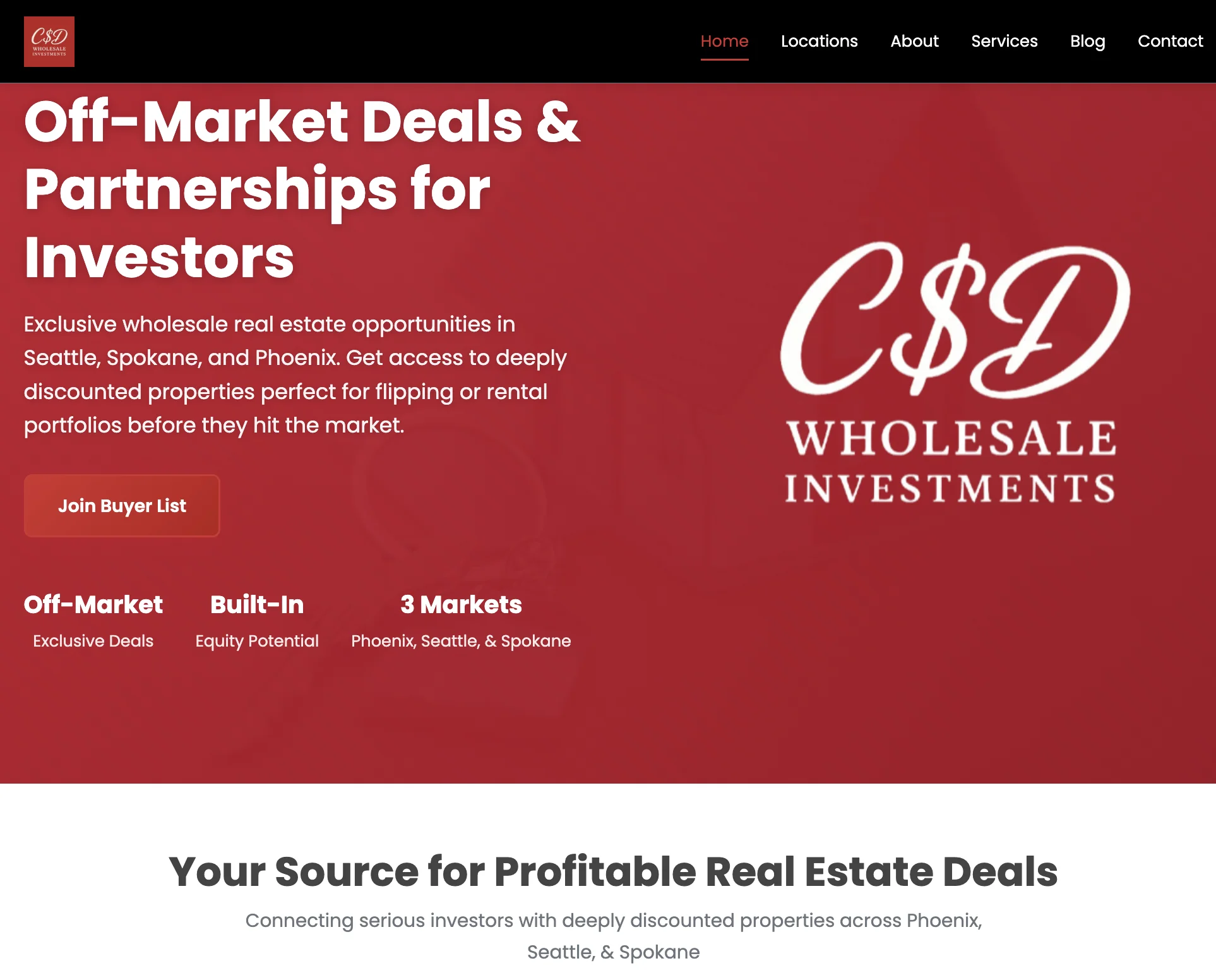 C&D Wholesale Investments modern responsive website design for wholesale real estate investment services with clean layout and professional branding for Phoenix Spokane Seattle markets